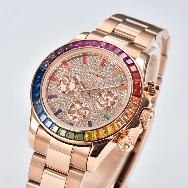 

OUMASHI new watch Rainbow watch Artificial crystal diamond inlaid luxury watch adopts VK63 quartz movement waterproof watch