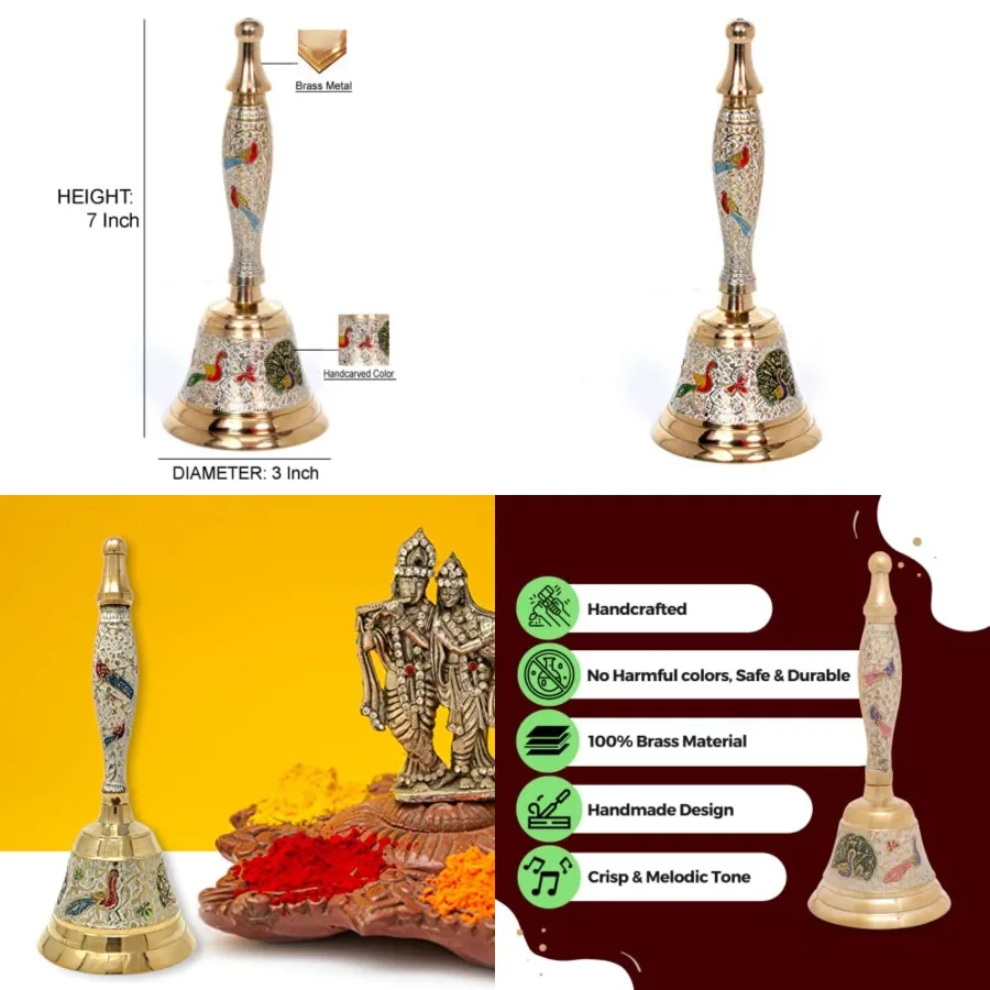 

® Латунный ручной колокольчик для молитв, колокольчик для пуджи, индийский колокольчик для мандира, ганти для храмов, украшения для Дивали, рождественские колокольчики, разноцветные колокольчики для джи