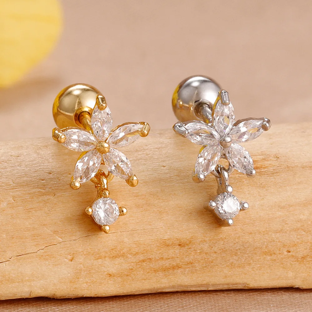 1pcs Stainless Steel Zircon Flower Tiny Stud Earrings for Women 18K Gold Plated Statement Piercing Jewelry Gifts Anti Allergic - Detail 1