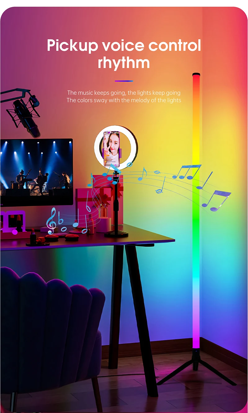 Lámpara de pie LED inteligente con control remoto RGB y control por aplicación, sincronización musical, iluminación de e