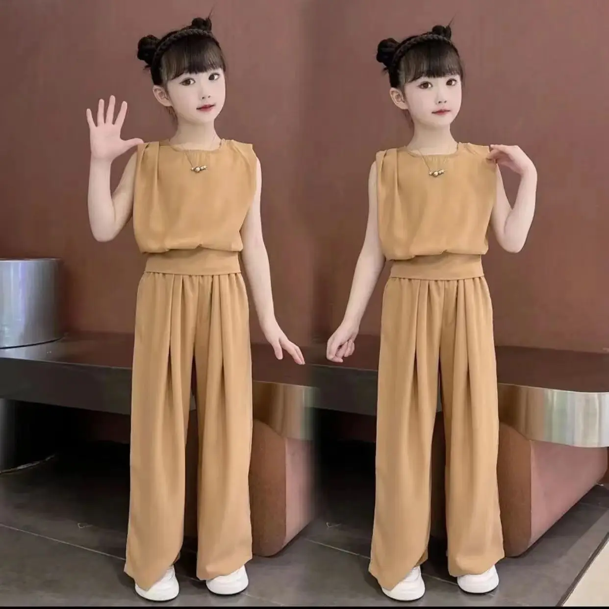 Summer 2024 Teen Girls Clothes Sets Children Sleeveless T-shirts + Wide Leg Pants 2PCS School Kids Clothing Suit 8 10 12 14 Year