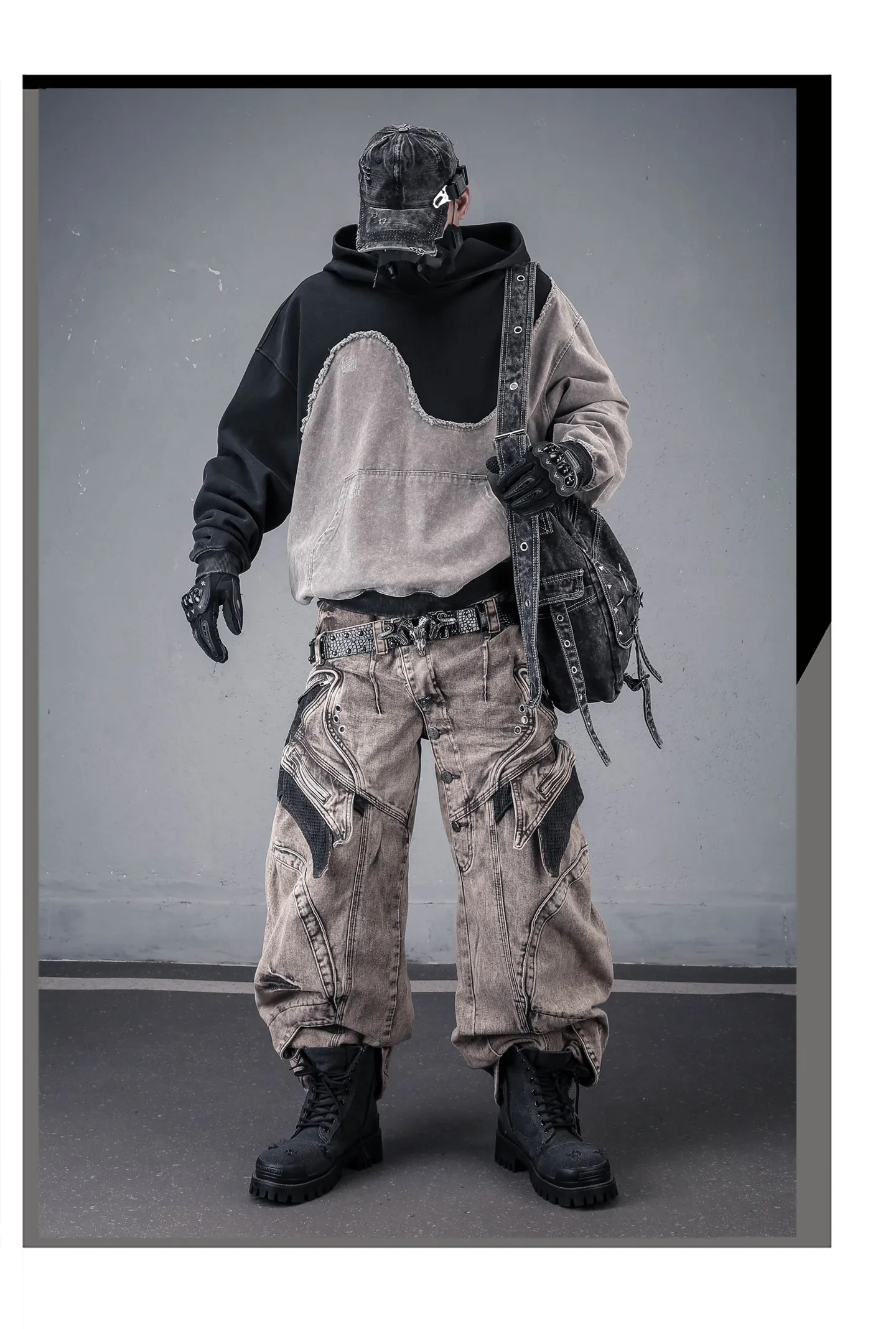 Contrast Color Patchwork Techwear Style Casual Hoodies Man Autumn Tactical Function Washed Distressed Design Long Sleeve Tops