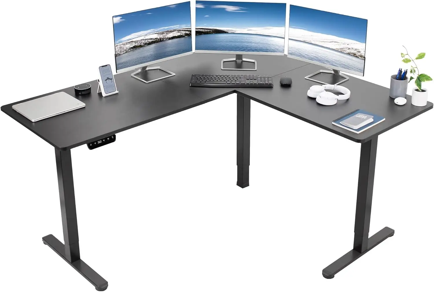 Electric height adjustable 63 x 55 inch angled upright office desk, black tabletop, black frame, L-shaped upright workstation