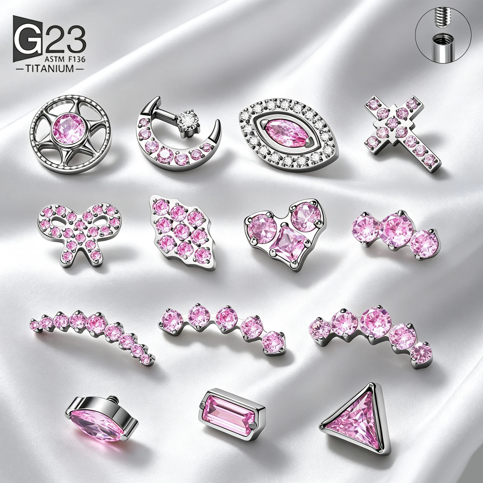Kolczyk Labret z tytanu ASTM F136 G23 z wewnętrznym gwintem, różowym cyrkoniem, ozdobą w kształcie księżyca i serca, do piercingu tragusu, helixu, chrząstki ciała.