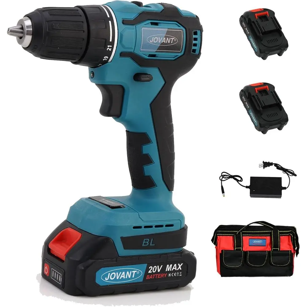 

Lightweight Electric Power Drill with 2 Batteries, 3/8 Inch Key Chuck, 21+1 Torque Setting, 2 Speed with Bits