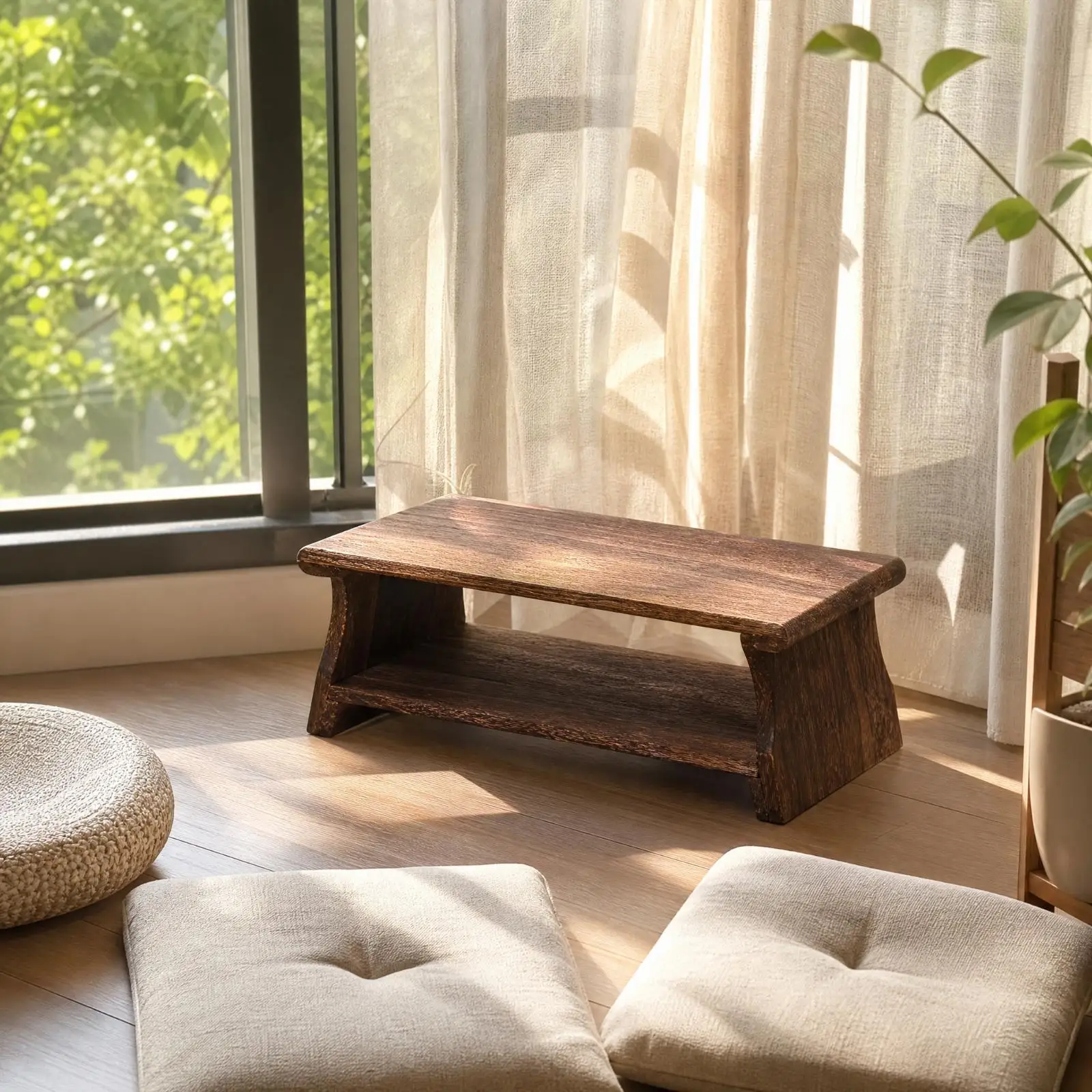 Small Solid Wood Coffee Table with Shelf for Tatami Room Balcony Compact Foldable Modern Design