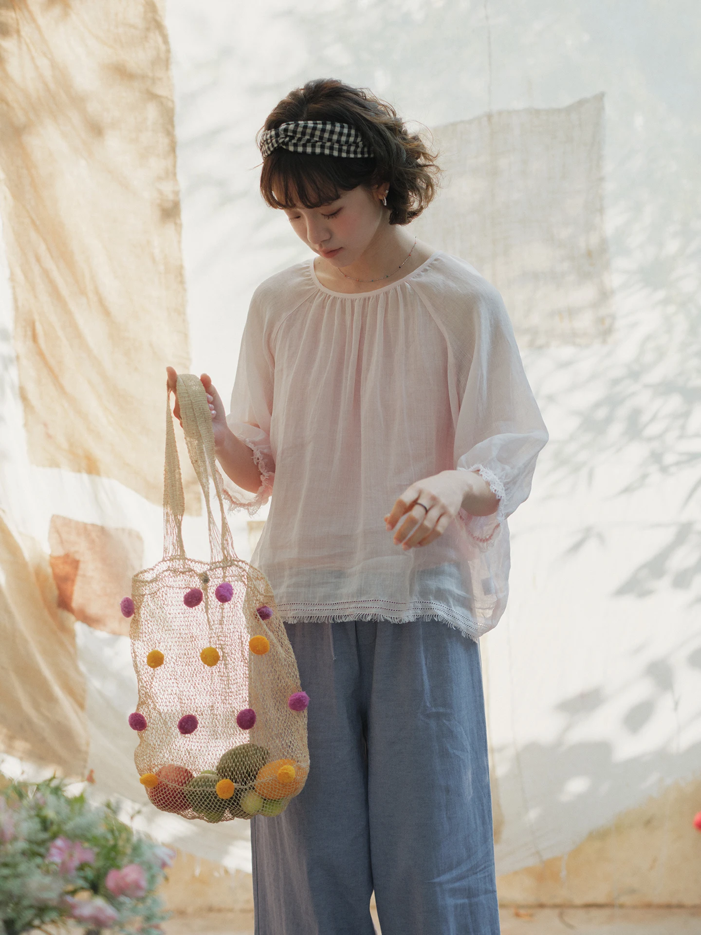 

Pure Flax Women's Long Sleeve Shirt Loose Fit Lightweight Spring Summer Top Say And Listen to the Clouds 100 Pieces