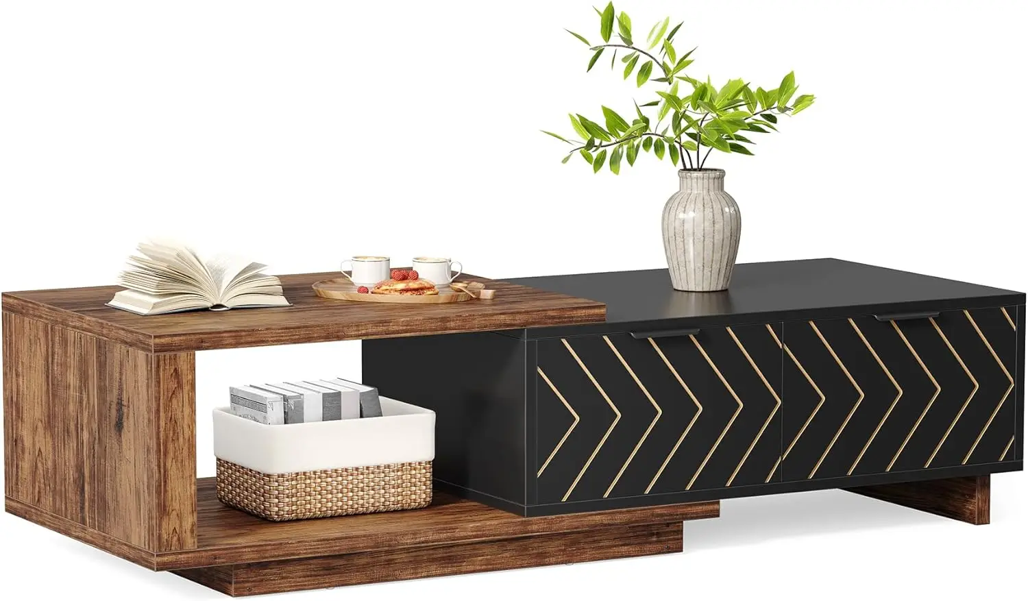 Farmhouse Expandable Coffee Table - Brown&Black Rectangular Wooden Center Table with 2 Drawers,Space-Saving forLivingRoomOffice