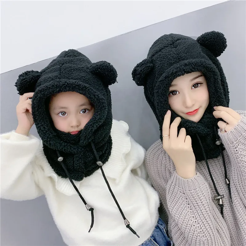 Plush Bear Balaclava with Ears Mask Ear Warmer Hat Cute Children\'s Thicken Warm Winter Hats for Women Girl Neck Warmer Hood