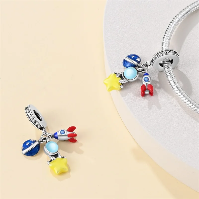 New Original 925 Sterling Silver Space Travel Three Piece Set Charms Pendant For Women Exquisite DIY Anniversary Jewelry Gifts