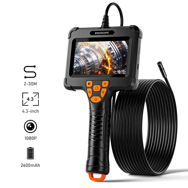 Endoskop przemysłowy ręczny 1-30m, obiektyw 8mm HD 1080P z ekranem 4,3 cala, boroskop do inspekcji rur, motoryzacji i maszyn.