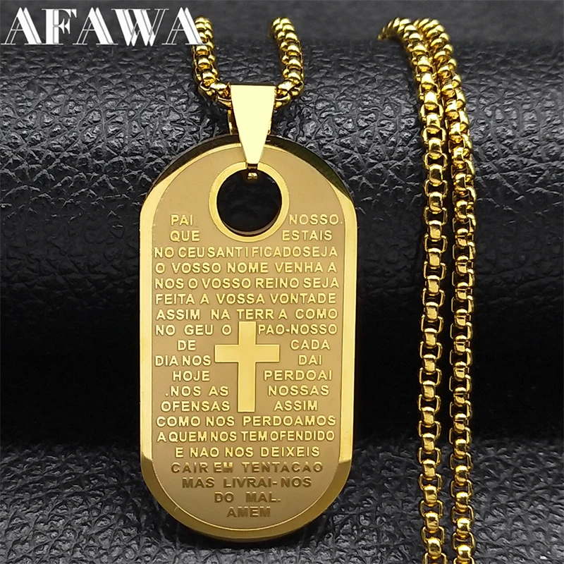 Christian Lord's Prayer Our Father Pendant Necklace  Women Men Stainless Steel Portuguese Bible Scripture Chain Jewelry NZZZ497