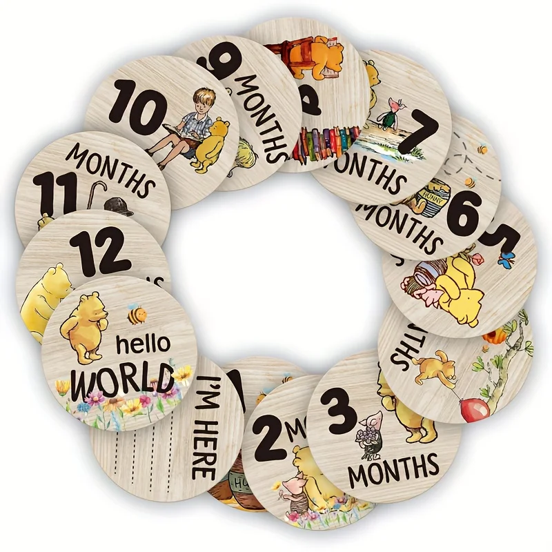 7 Double-Sided Newborn Milestone Cards with Bear Print HELLO WORLD Capture 1-12 Months Infant Growth with Photo Gift for Parents