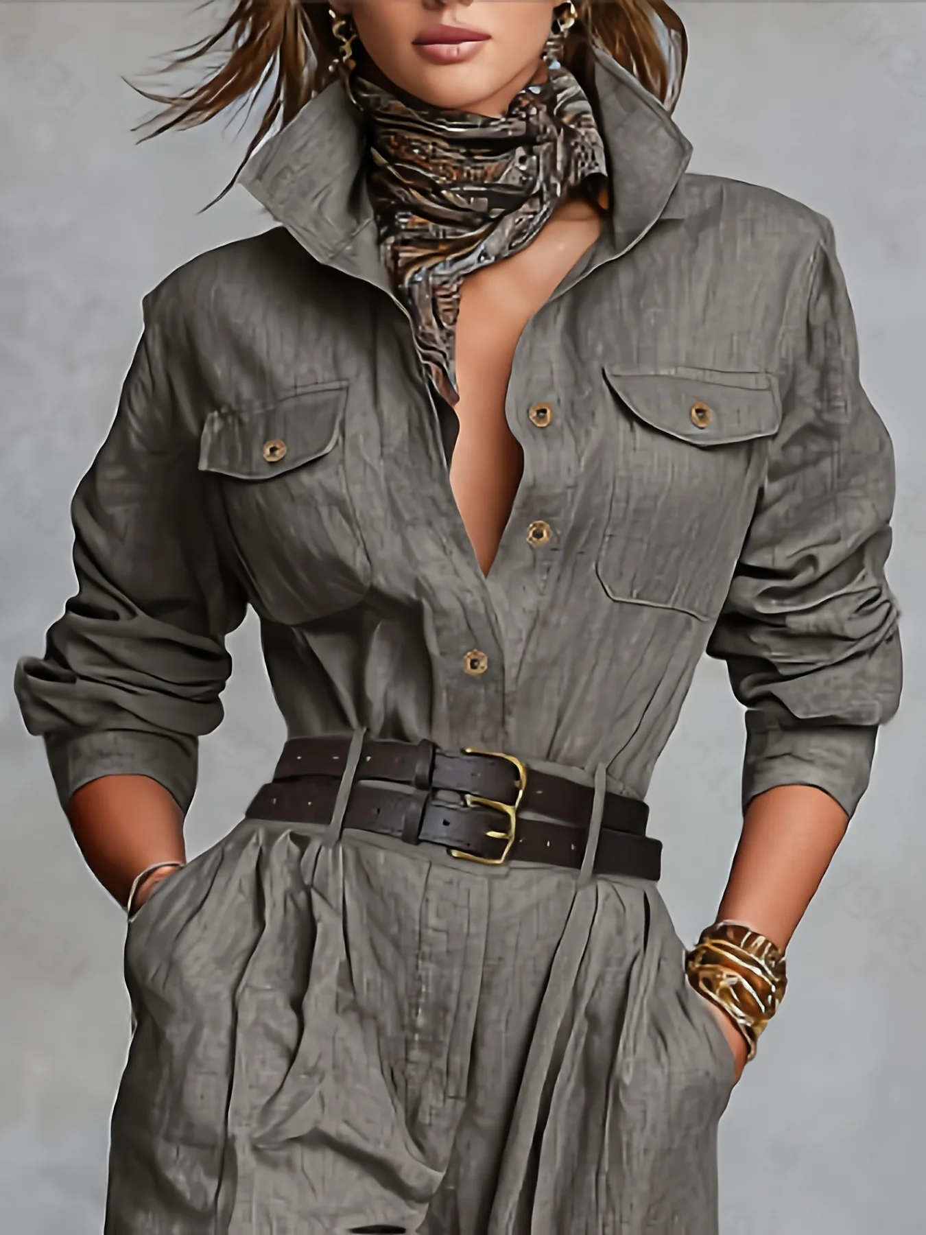 

Women's Jumpsuit 2026 Spring Autumn New Solid Color Pocket Design Turn-Down Collar Long Sleeved High Waist Cuffed Jumpsuit