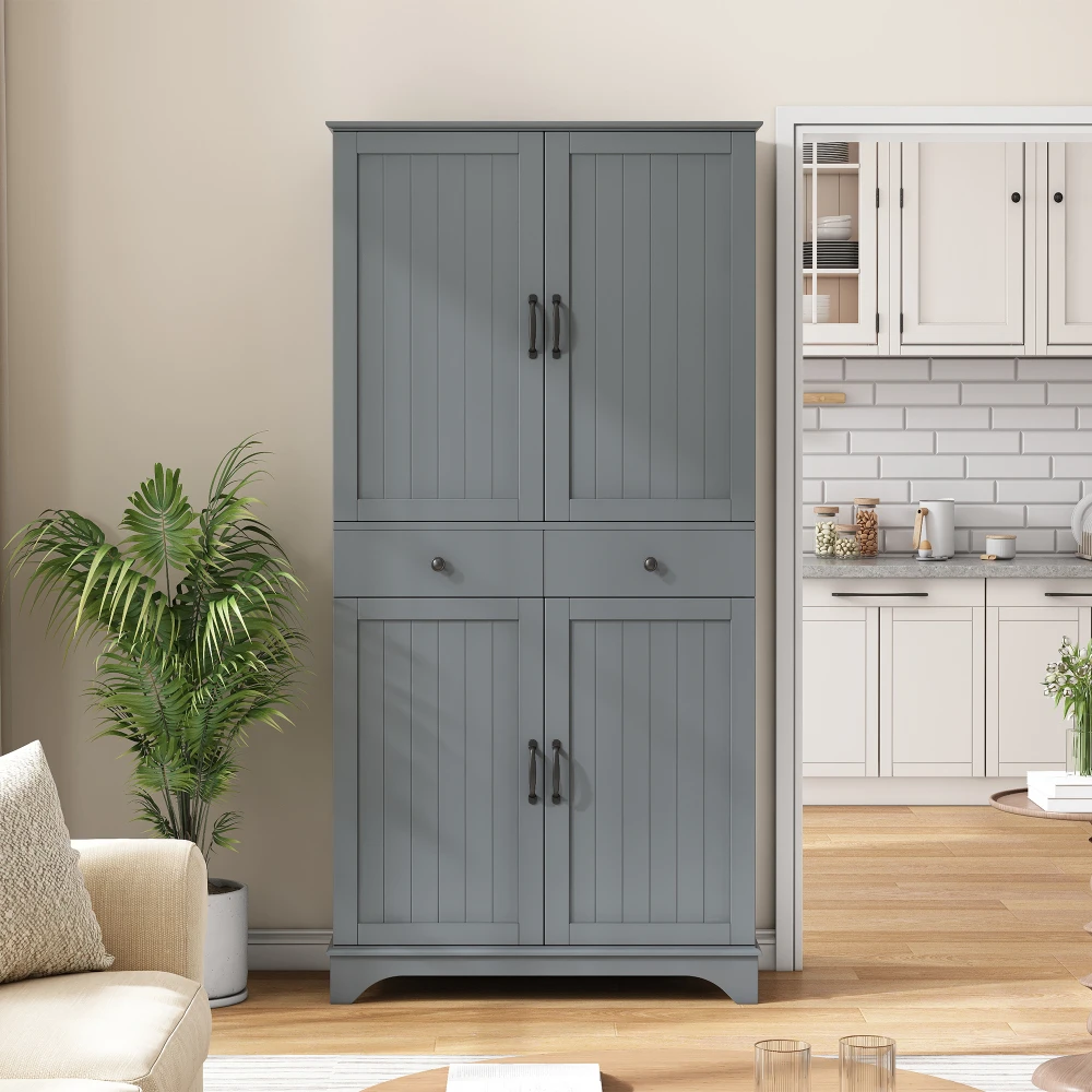 Armoire de rangement haute avec étagères réglables, étagère intérieure extractible, 4 portes, 2 tiroirs, portes à rainures verticales, meuble