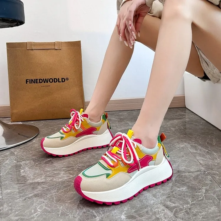 Mix Color Women Fashion High Heel Platform Sneakers Shoes 2024 Autumn New Breathable Casual Shoes