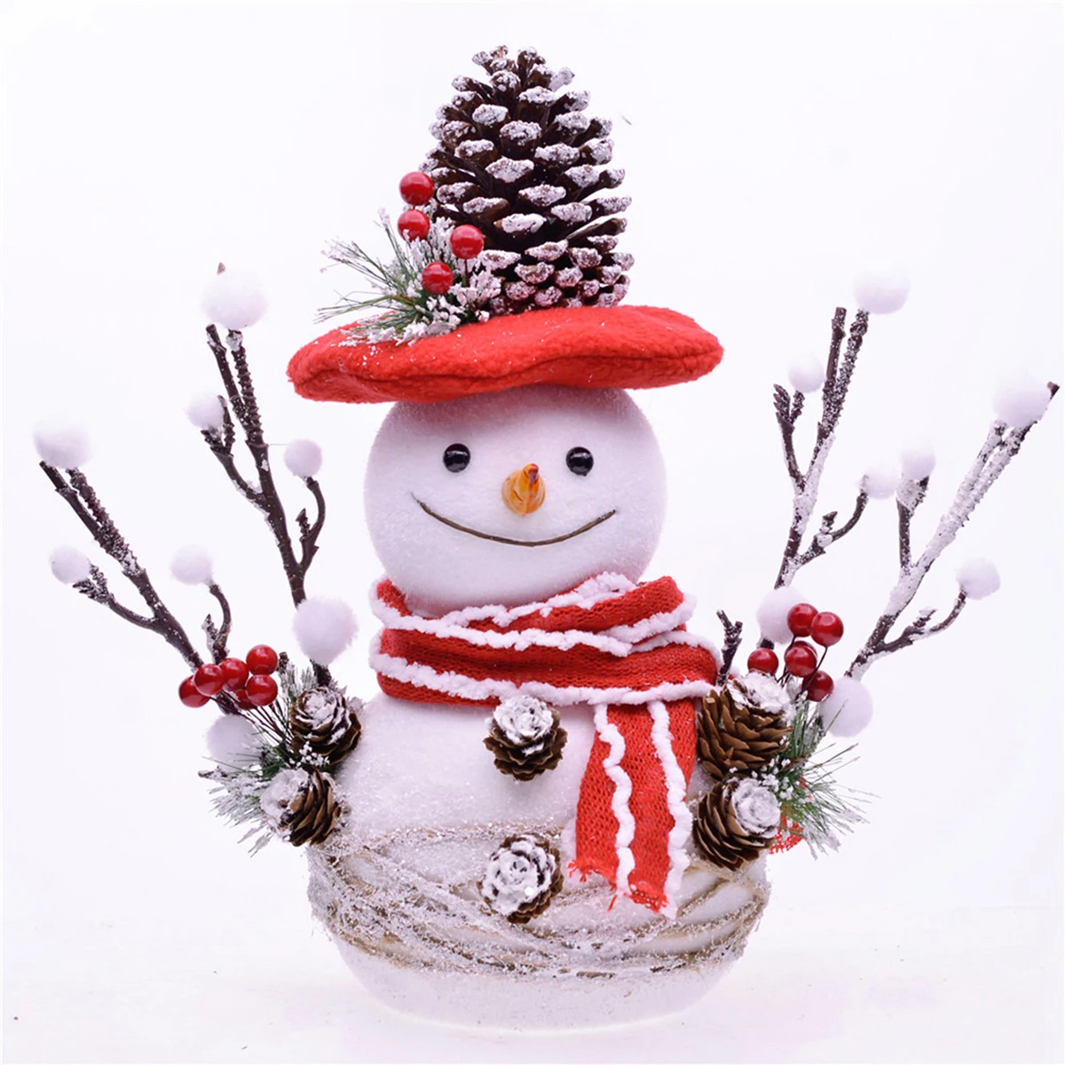 Christmas Snowman Figurine Foam Snowman Doll with Red Hat Scarf and Decorative Pinecones Tabletop Ornament