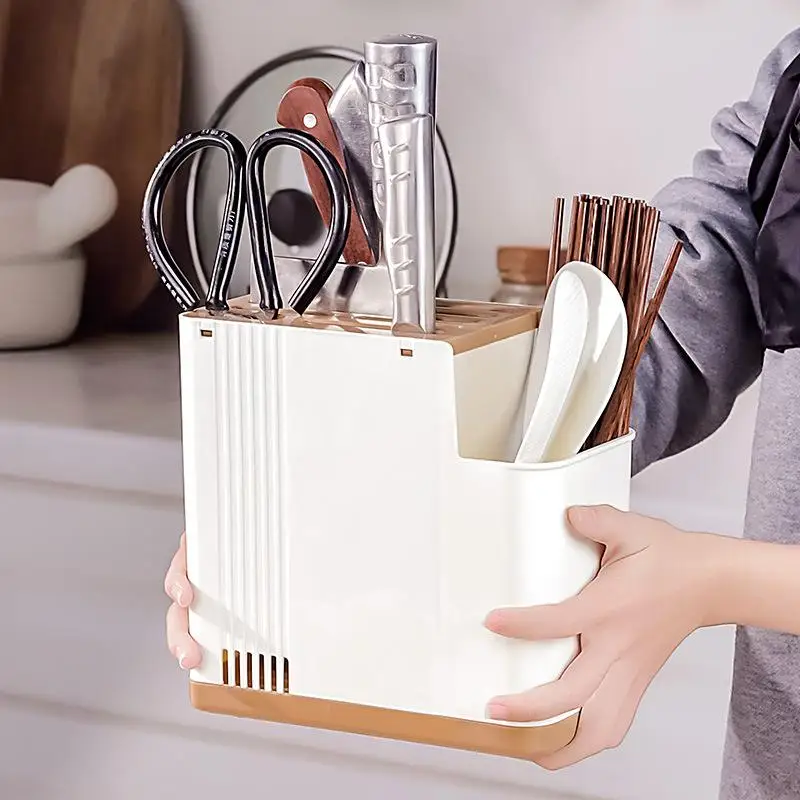 Multifunctional Kitchen Utensil Holder With Knife Slots And Drainage Base Countertop Storage Organizer For Knives And Chopsticks