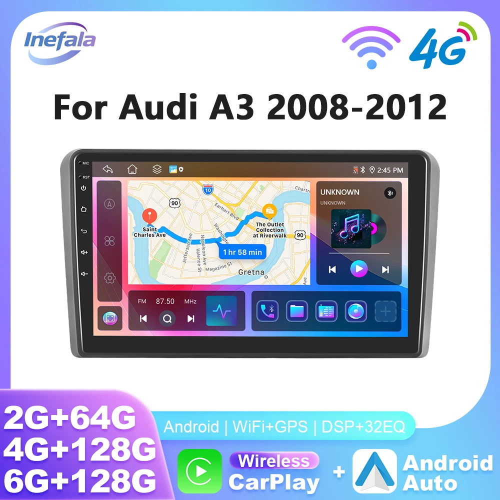 Inefala 6+128g Wireless Carplay Android Auto Car Radio for Audi A3 2008 2009