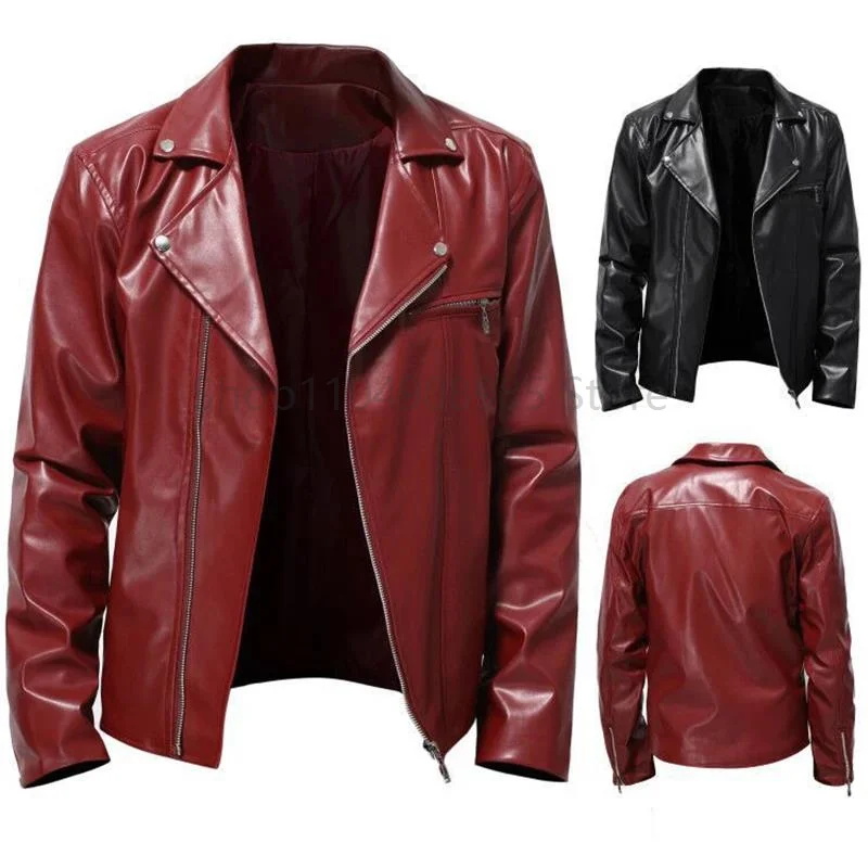 

New Men's Leather Jacket Fashion Solid Color Handsome Lapel Motorcycle Leather Jacket Rock Punk Tops 2026