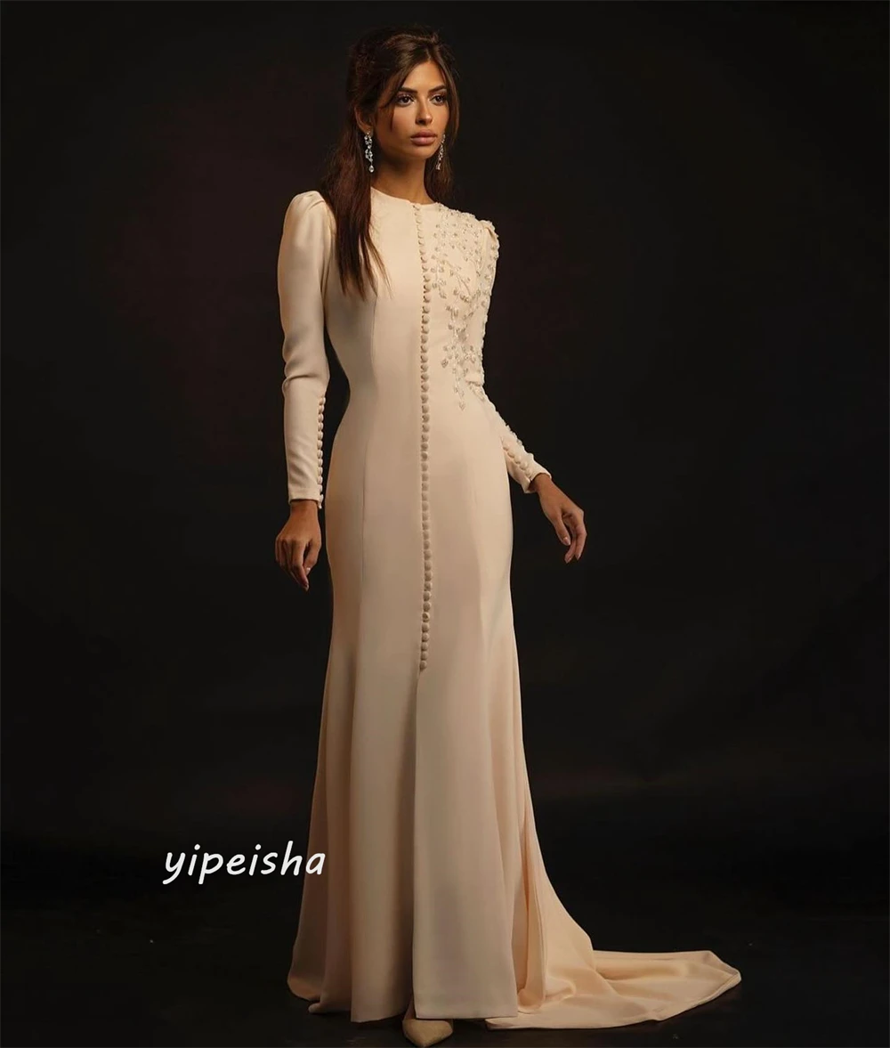 Jersey Button Draped Applique Evening A-line O-Neck Bespoke Occasion Gown Long Dresses  Saudi Arabia