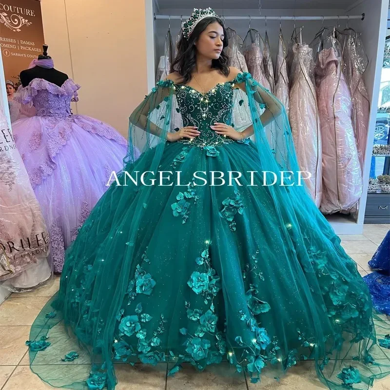 2025 Customize Ball Gowns Quinceanera Dresses With Cape 3D Flowers Emerald Green Vestidos De 15 Años Birthday Party Gowns