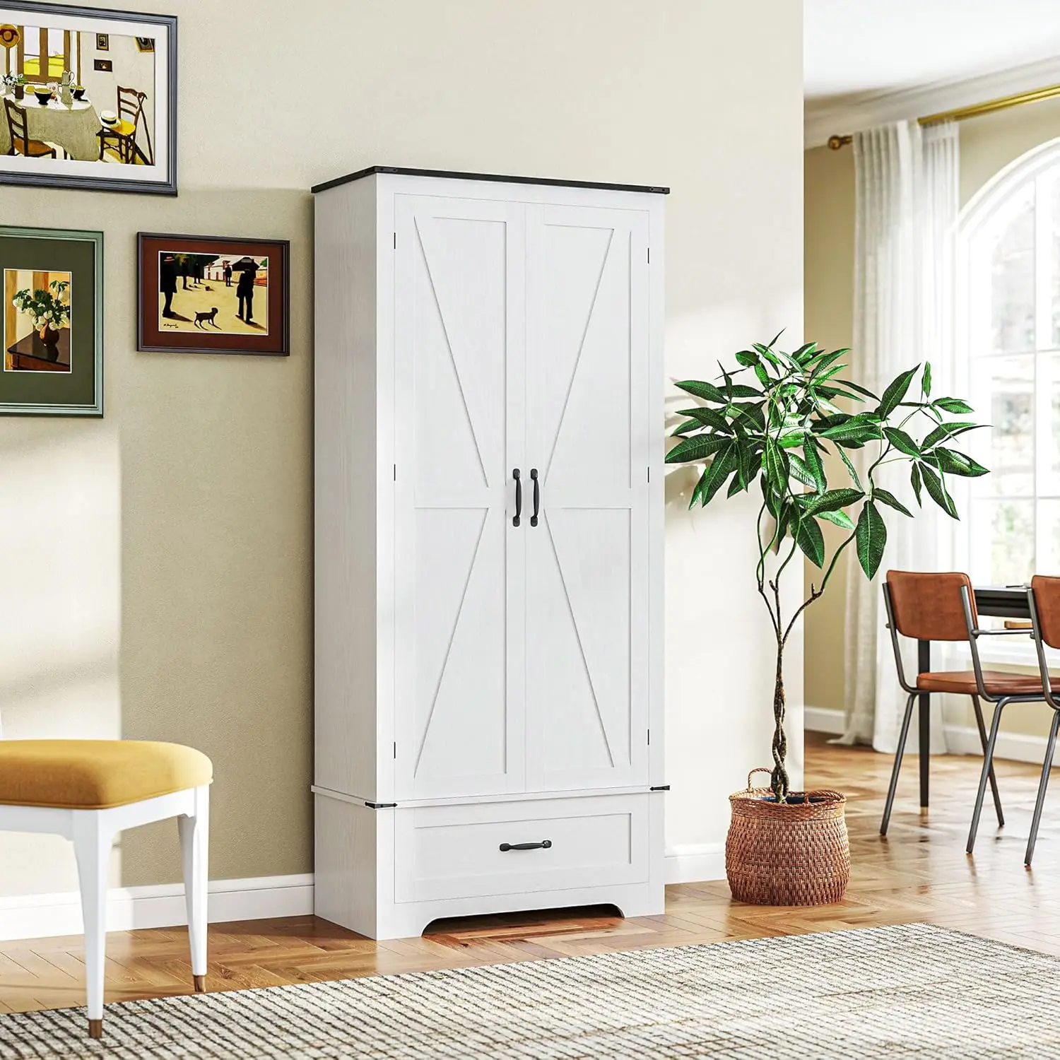 Kitchen Pantry Cabinet - Kitchen Storage Cabinet with Adjustable Shelves & 2 Barn Doors & Drawer, Versatile Storage Unit