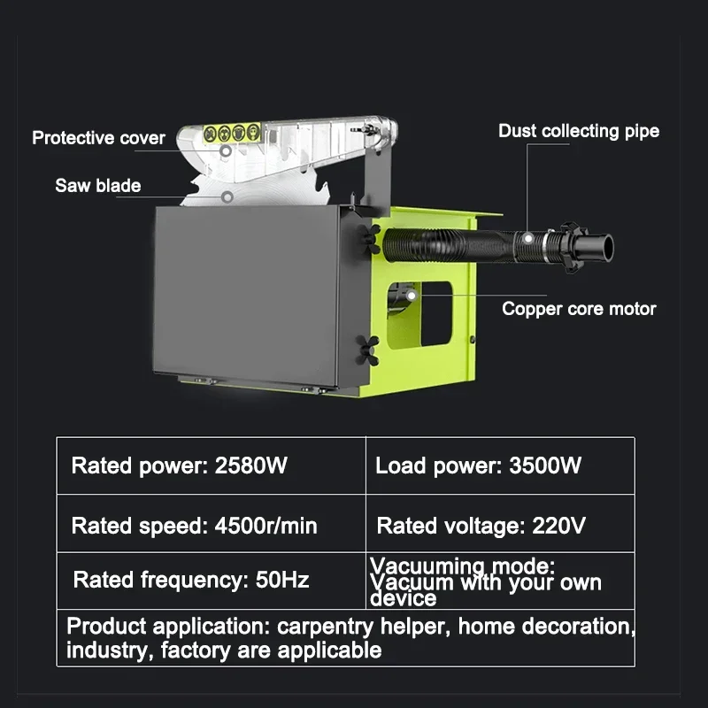 

3500 Вт Беспыльная деревообрабатывающая настольная пила Многофункциональный электрический универсальный настольный прецизионный режущий станок 220 В Инструмент для работы по дереву