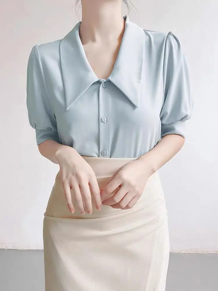 Women Short Sleeve Commuter Shirt 2024 Summer French Pointed Collar Professional Shirts Solid Female Blouses Office Lady Tops