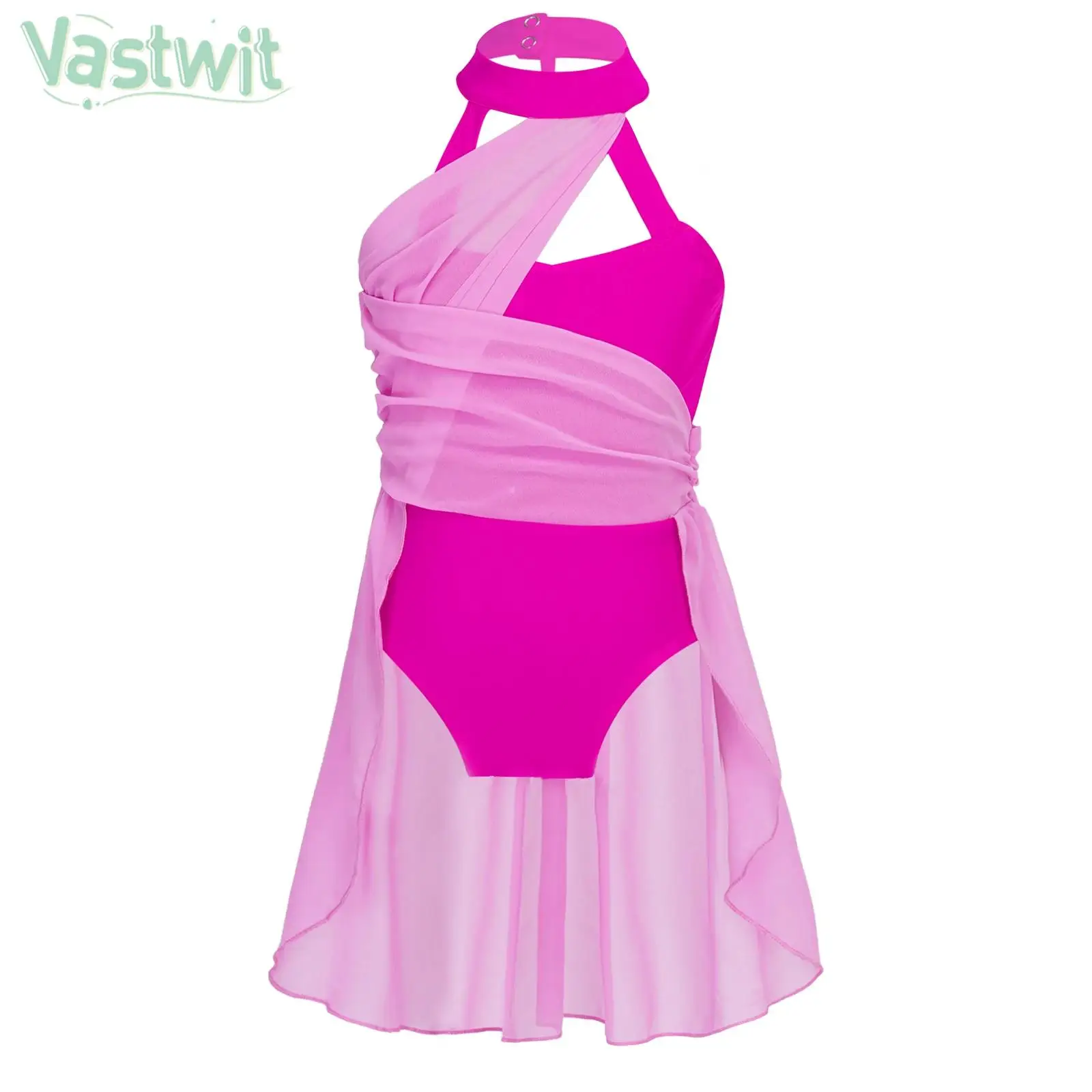 

Kids Girls Lyrical Dance Dress Ballet Gymnastics Figure Skating Costume Sleeveless Ruched Cutout Chiffon Leotard Tutu Dancewear