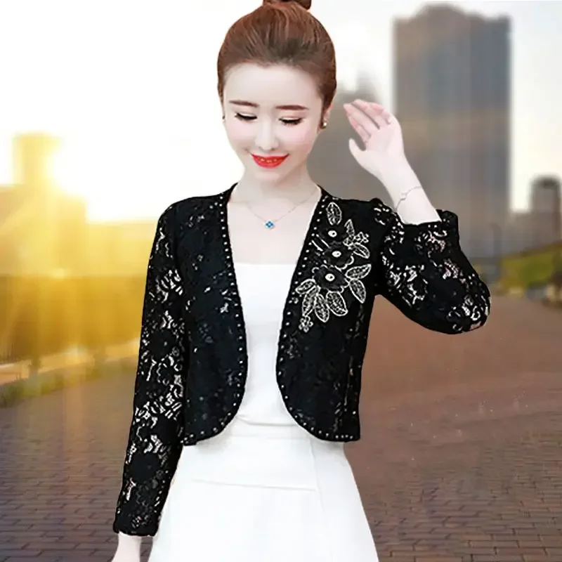 Veste courte de protection solaire pour femme, haut en dentelle, cardigan en dentelle, perles fines, fleurs brodées, petit châle en diamant,
