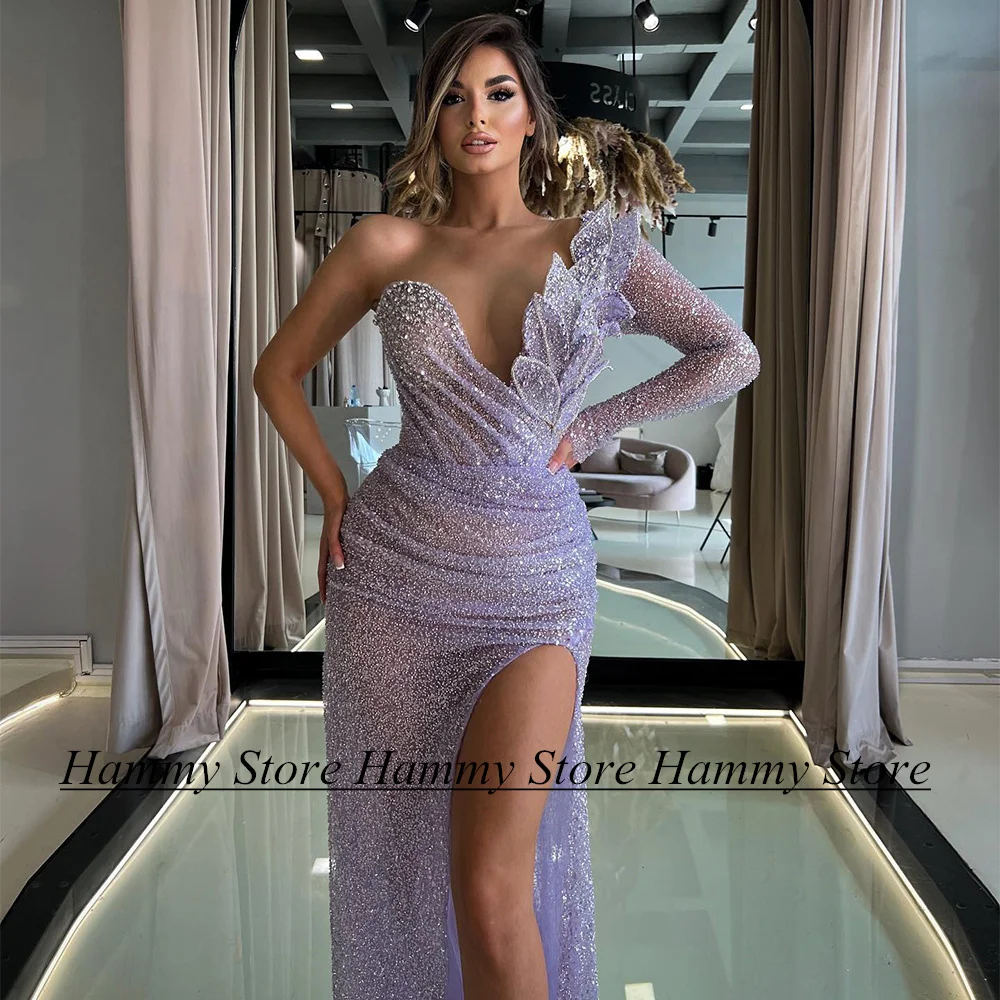 Yipeisha Lilac Mermaid Evening Party Dress One Shoulder Long Sleeves Beading Leaves High Split Sexy Prom Gown Robe De Soiree