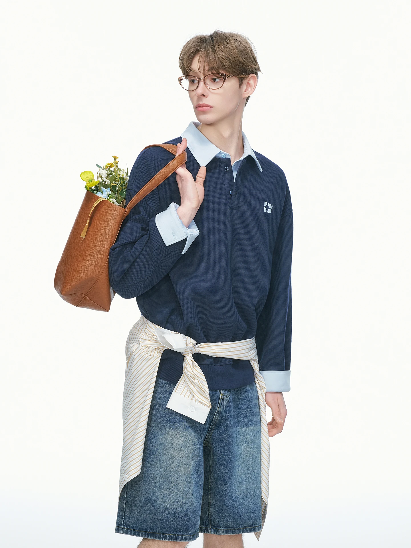 Dream Made Men's Embroidered Shirt Collar  Sweatshirt Autumn Texture Contrast Color Loose Fit Long Sleeve Casual Top