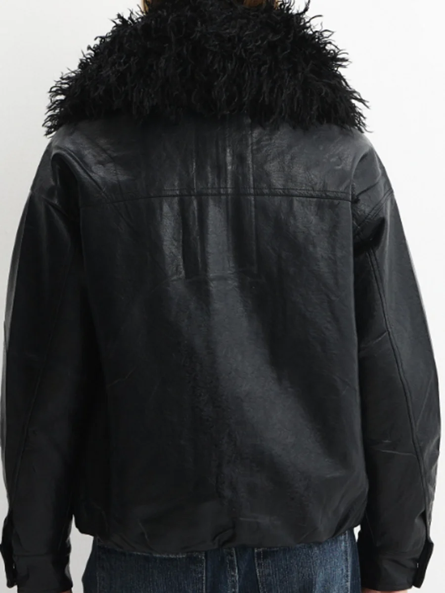 Women Faux Leather Jacket With Fluffy Fur Collar Zip Up Long Sleeve Cropped Coat Winter Warm Casual Street Outerwear