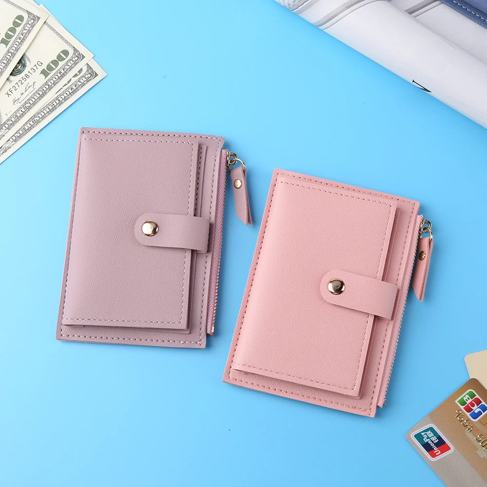 Women Fashion Multi-slot Zipper Card Holder PU Leather Mini Solid Color Wallet