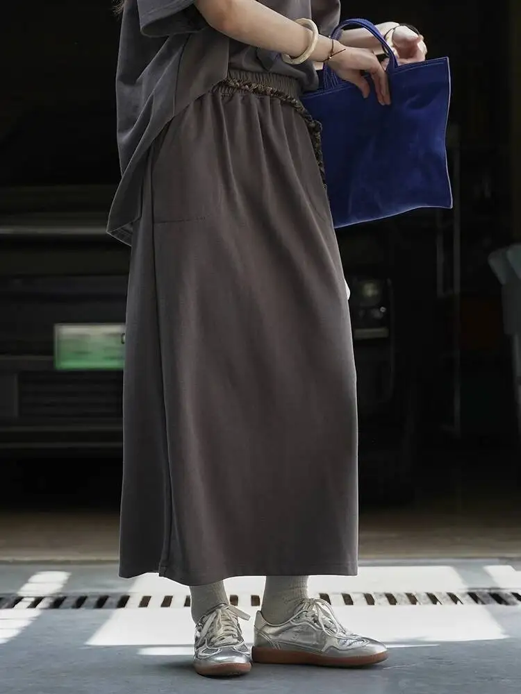 HUISONG gris T-shirt demi-corps jupe deux pièces costume nouveau col rond manches courtes femmes mode marée printemps été 2025 6wp25n