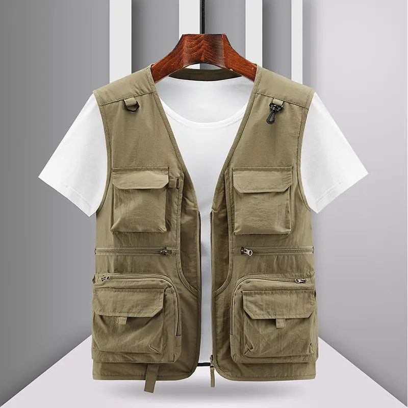 Men Outdoor Vest Multi-Pocket Solid Color Fishing Director Reporter Work Waistcoat Photography Casual Vest Jacket Male