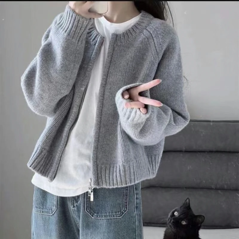 

Свободный длинный свитер-кардиган на молнии на весну и осень, женский новый вязаный джемпер с открытой передней частью