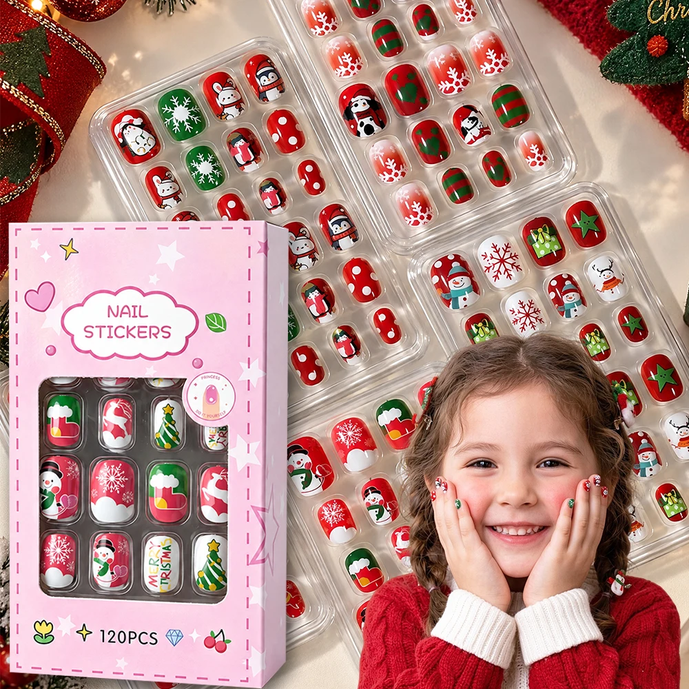 120pcs Christmas Red Green Stripes Kids False Nails Santa Claus Snowflakes Polka Dots Fake Nail Cute Children Christmas Manicure