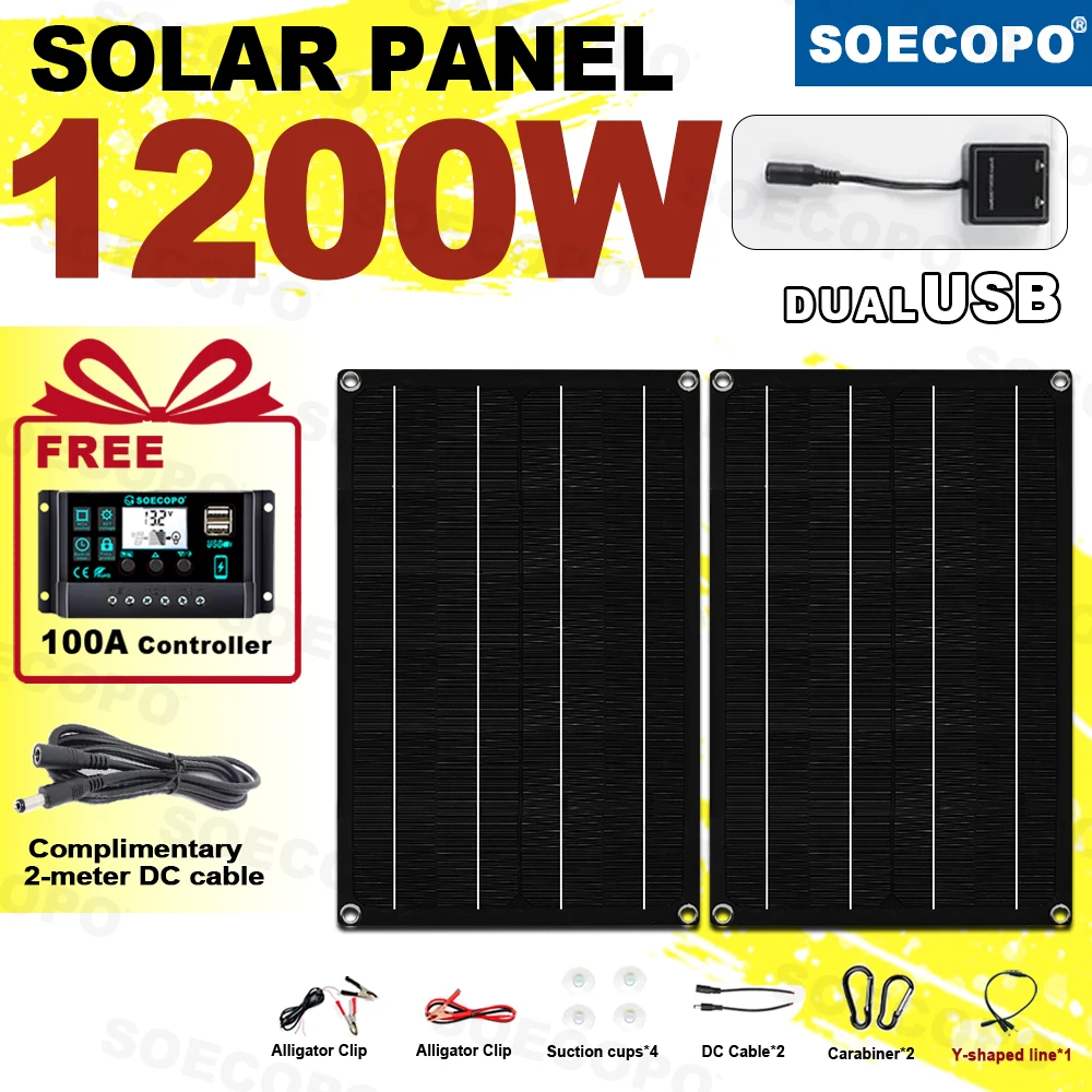 SOECOPO 1200 W Solarpanel-Set, 2 tragbare 12 V – 18 V Photovoltaik-Panels, kostenloser 100 A-Controller, USB 5 V, zum Aufladen von Campinggeräten