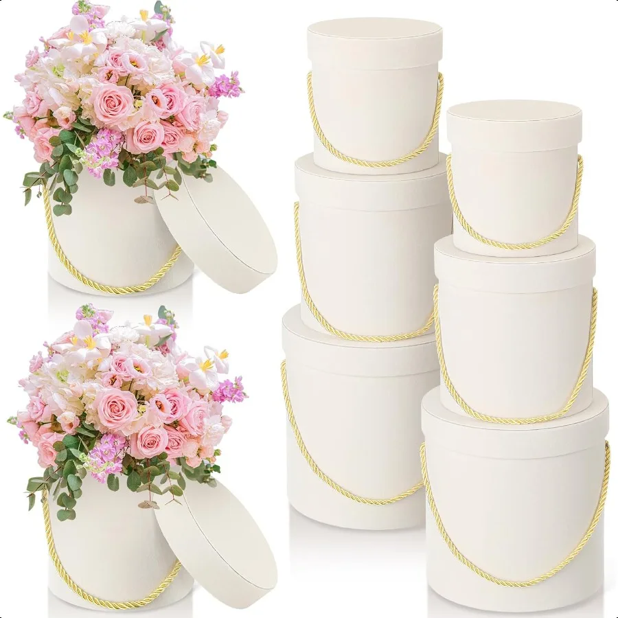 

6 Pcs Veet Round Flower Box with Lids Veet Nesting Gifts Box with Handle for Wedding Holiday Luxury Flower Gift Arrangement Bri