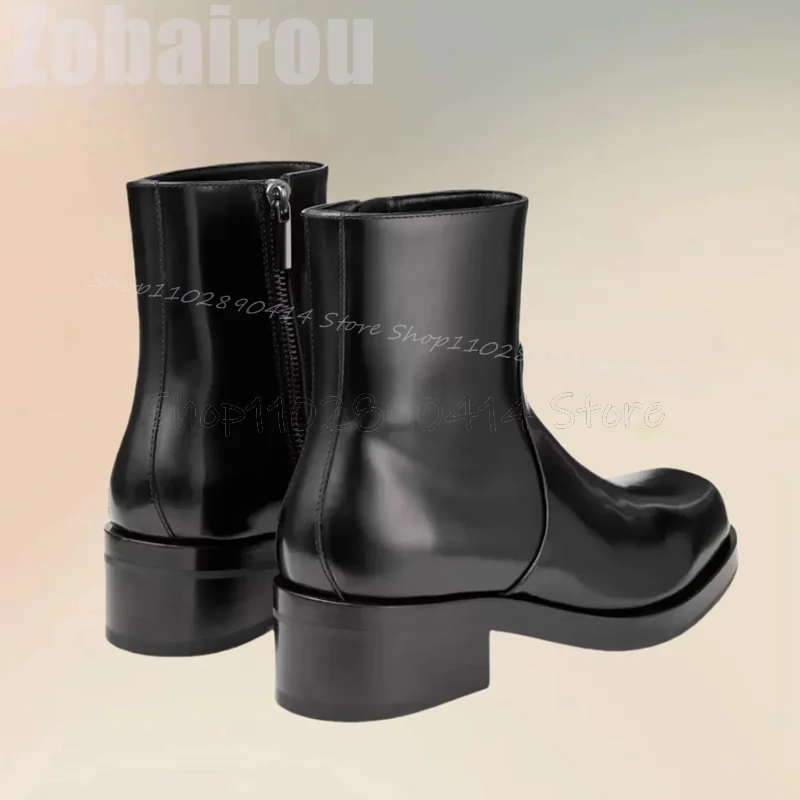 Square Toe Chunky Heel Matte Leather Boots para homens, zíper lateral, sapatos de luxo, feito à mão, preto, festa, escritório, moda