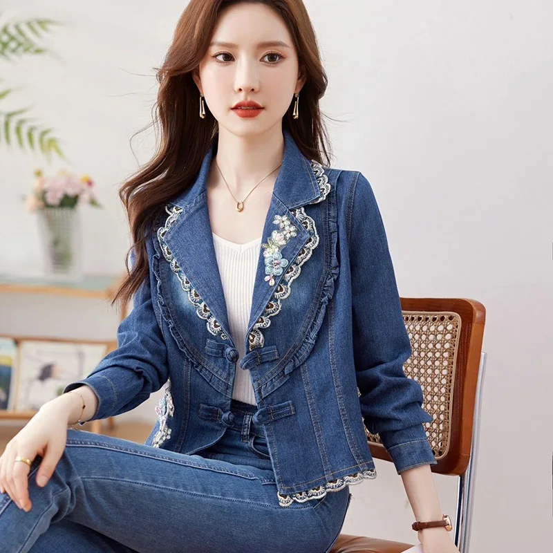 

2025 Autumn New Embroidery Retro Slim Fit Denim Cardigan Korean Version Ruffle Elegant Lapel Collar Casual Jacket
