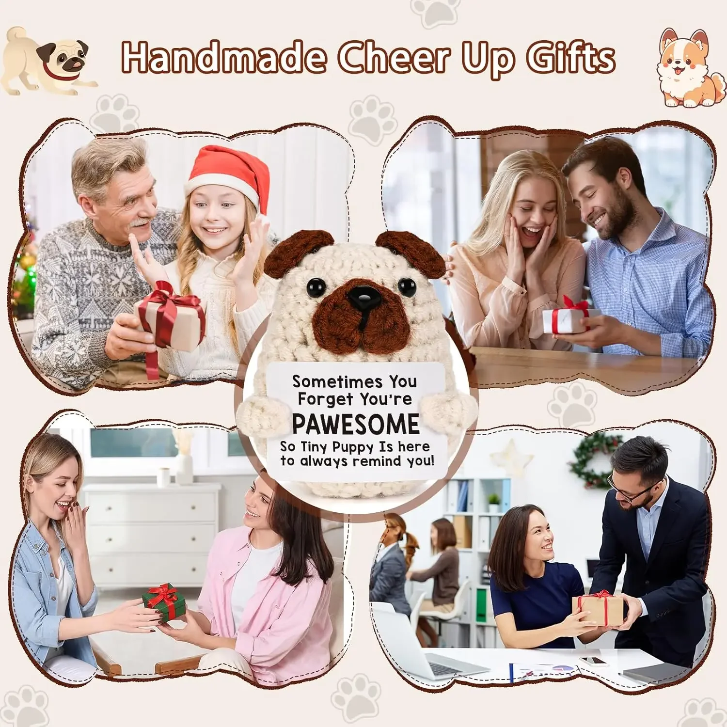 مضحك الكروشيه الطاقة الإيجابية جرو مع بطاقة سطح المكتب زخرفة اليدوية محبوك الدعم العاطفي دمية كلب غرفة المنزل الديكور