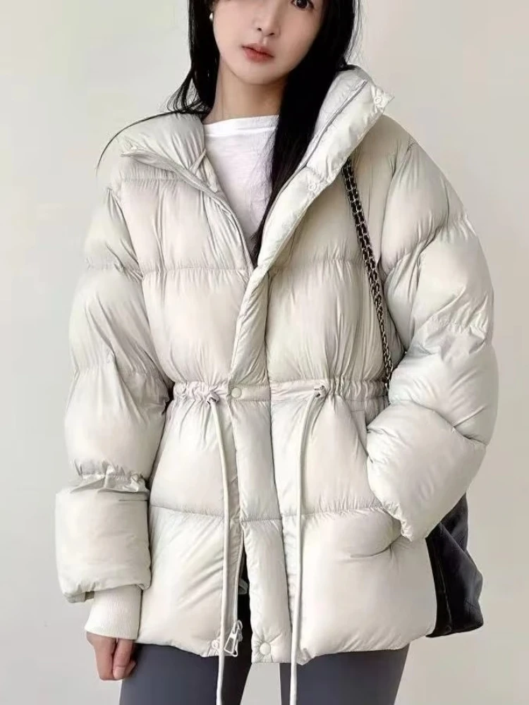 Winter Women's Hoody Drawstring Slim Waist Simple Parkas Small Fellow Warm Femme Jacket Plaid Ruched Loose Soft Coat Clothing