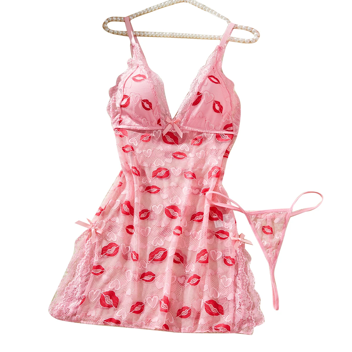 Lips Prints Pink Lace Underwear Women Babydoll Dress Soft Sleepwear Festival Gift