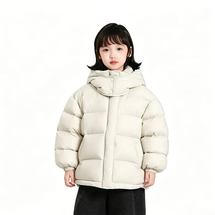 Kids 90% Goose Down Jacket Unisex Boys Girls Beige Hooded Down Coat Loose Puffy Warm Winter Outerwear For Children A4850