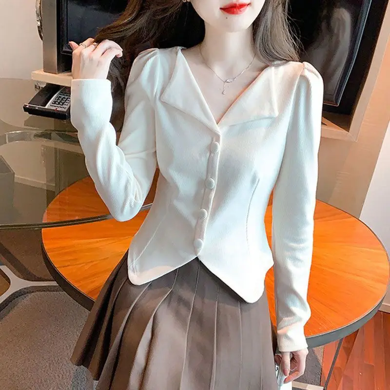 Fashion Lapel Button Irregular Sweet Shirts Female Clothing 2024 Autumn New Loose All-match Tops Solid Color Office Lady Blouses