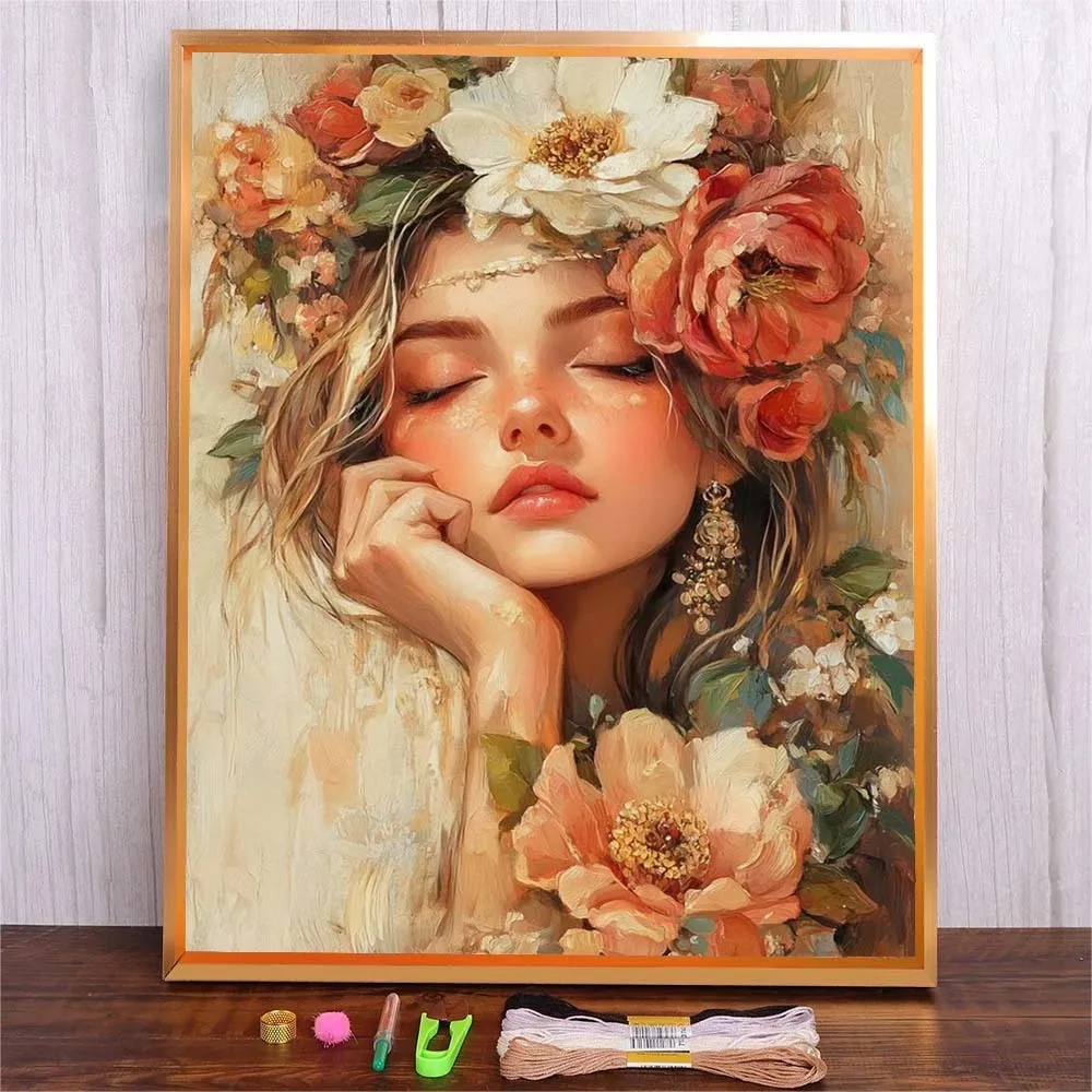 

Flowers Girl Patterns 11CT 14CT Cross Stitch Sets DIY Handmade Cross-Stitch Kits Cotton Thread Embroidery Needlework Gift