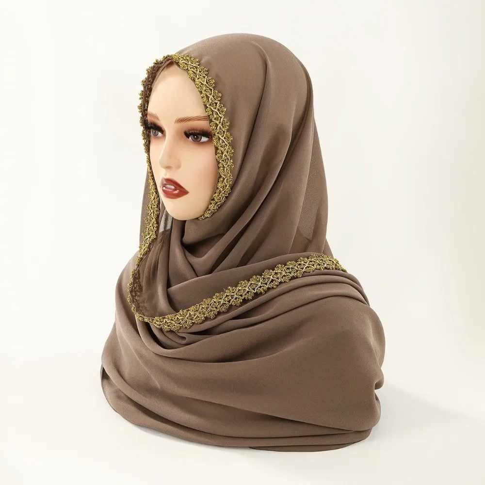 

Chiffon Material Eid al-Fitr Hijab Golden Wave Premium Embroidery Modest Covering Scarf Solid Color Soft Breathable Shawl Wrap